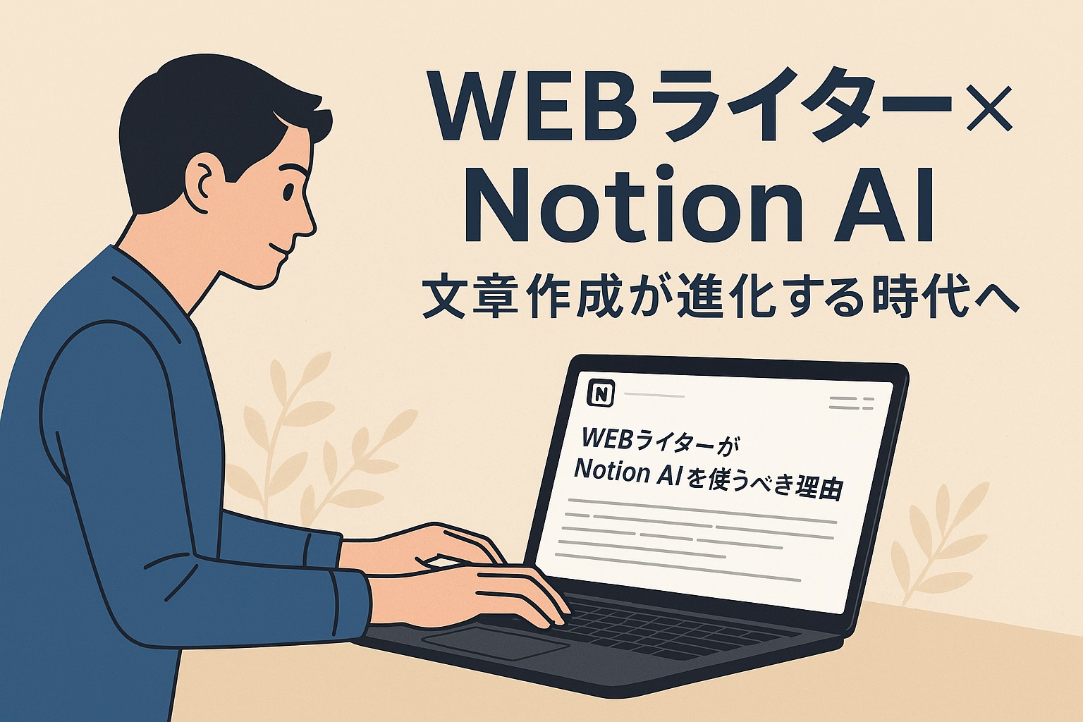 ノートPCで文章を書いているWEBライターとNotion AIの画面をイメージしたイラスト風ビジュアル