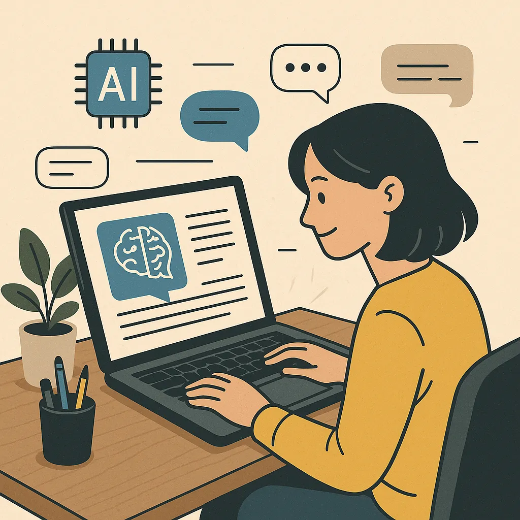 AIツールを使って記事を書く若手ライターのイラスト