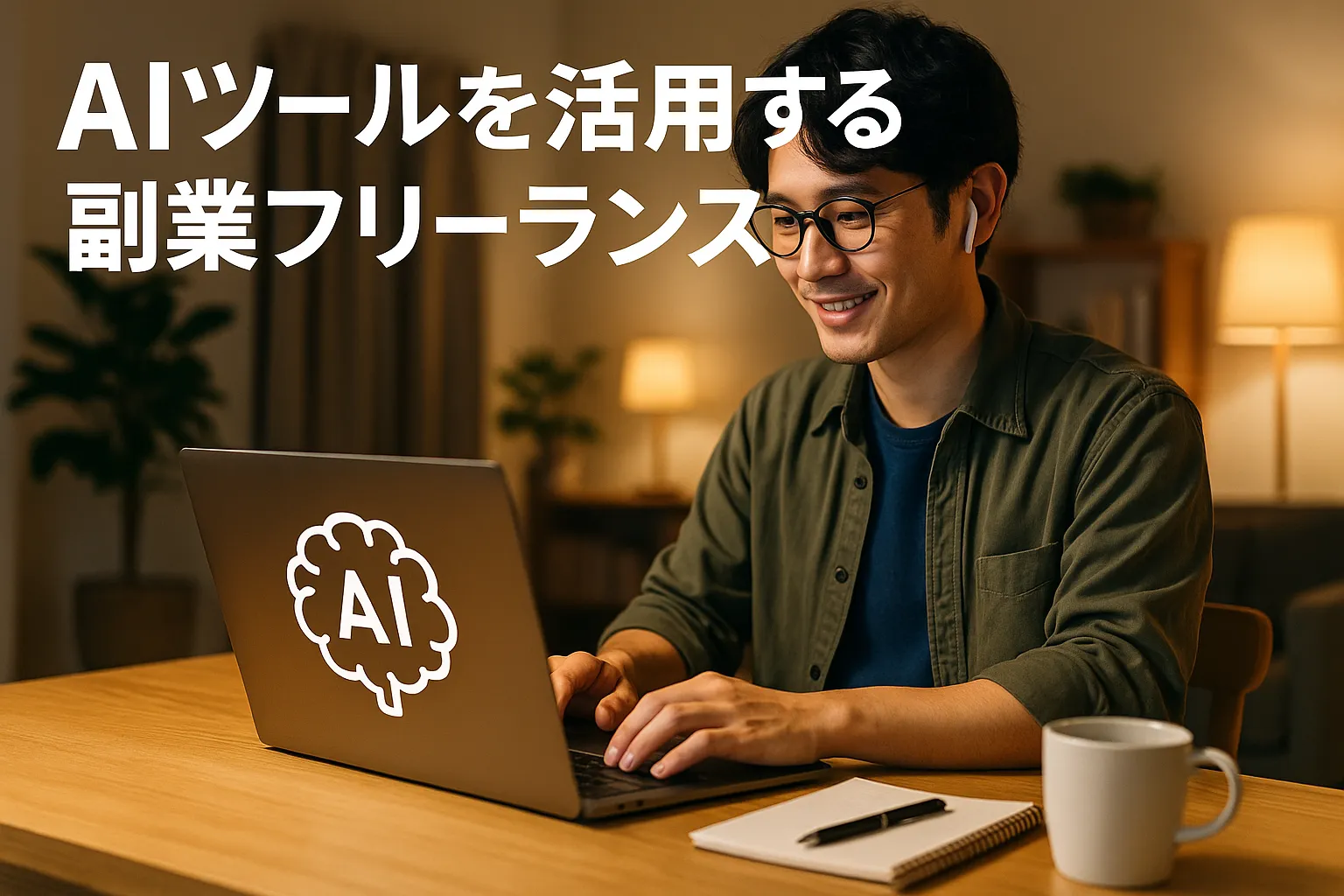 ノートパソコンを使ってAIツールで仕事を進めるフリーランス。